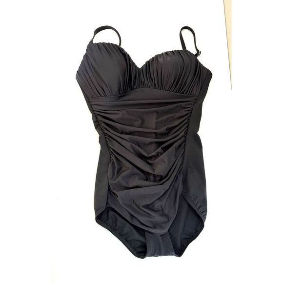 Miraclesuit Size 10 One Piece Swimsuit Solid Black Ruched Gathered Front Womens - Picture 3 of 10